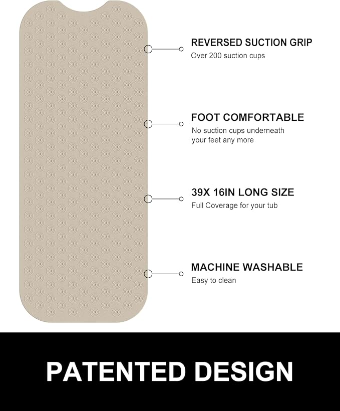 OTHWAY No Suction Cup Bath Mat: 39x16inch Extra Long Bathmat│Perfect for Refinished Bathtub Mat│Made of Nature Rubber│a Blessing for the Elderly and Children (Brown)