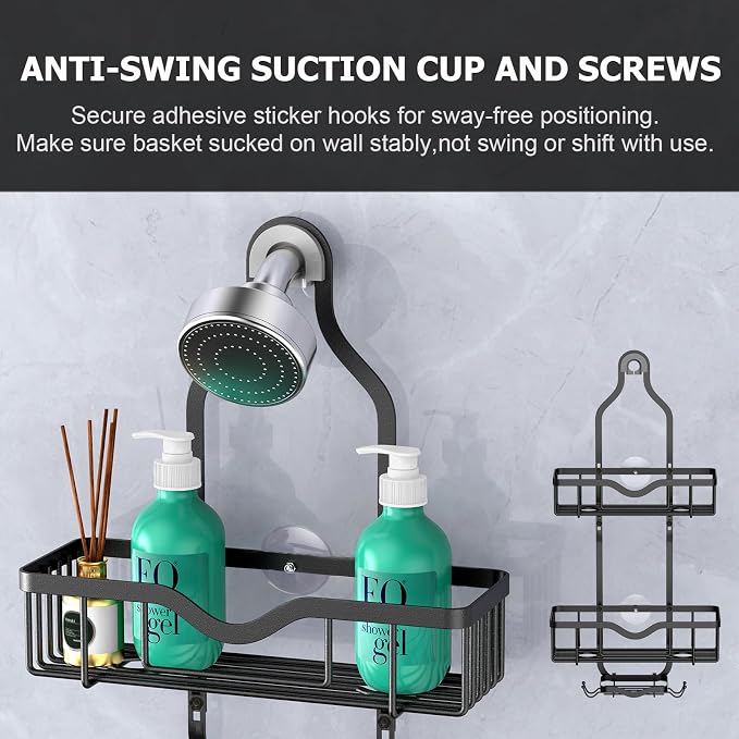 Shower Caddy Hanging, Bathroom Organizer Rack, Shower Rack with Soap Dish, Over The Showerhead Caddy with Hooks for Razor/Sponge, Matte Black (Assembly Required)
