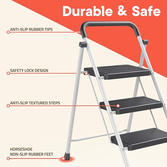 White 3 Step Stool Foldable – Heavy-Duty Foldable Step Stool for Adults, 500 lbs Capacity, Anti-Slip Feet & Wide Steps, Sturdy Steel Frame, Lightweight & Space-Saving Design for Home, Kitchen & Garage