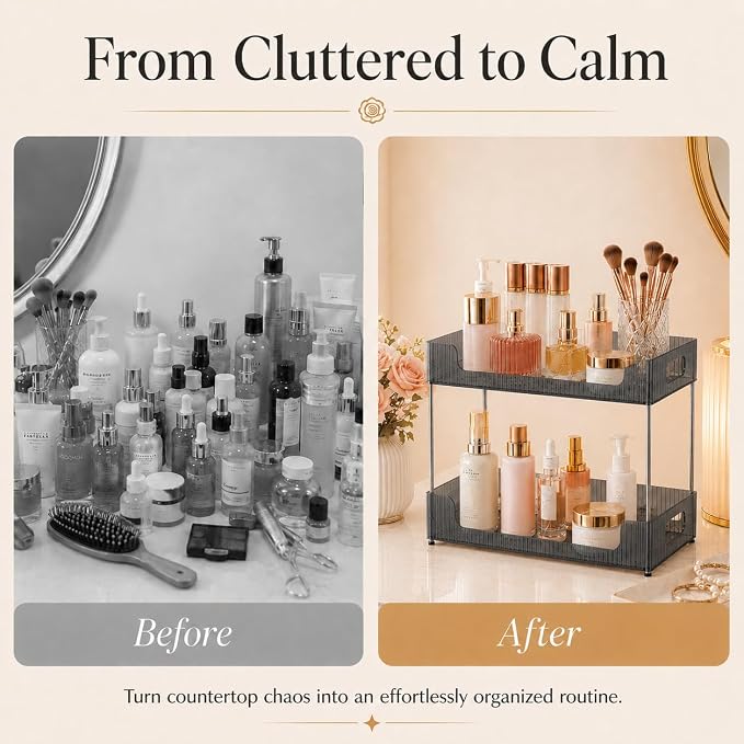 Goderewild Bathroom Counter Organizer, Multi-Purpose Cosmetics Skincare Shelf, Makeup Organizer for Vanity Tray, Countertop Storage Solution for Kitchen and Bath. (Smoky Gray, 2-Tier)