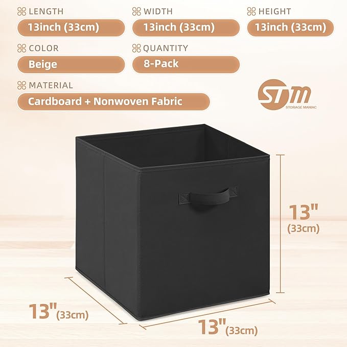 STORAGE MANIAC Storage Cubes, 13 Inch Collapsible Storage Bins with Handles, 8 Pack Fabric Foldable Bins for Organization, Durable Storage Bins for Closet, Shelves, Offices, 8-Pack Black