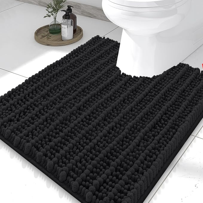 Smiry Bathroom Toilet Rugs U Shaped 24x20, Extra Soft Absorbent Non Slip Rubber Backing Chenille Contour Bath Rugs for Toilet, Machine Washable Contoured Bath Mats, Black