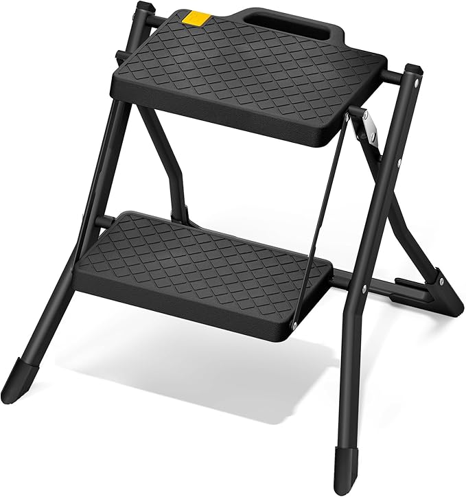 URACKIFY 2 Step Stool Foldable, Step Ladder with Non-Slip Rubber mat, Step Stool with Release Button, Lightweight Steel, Black, for up to 330LBS.