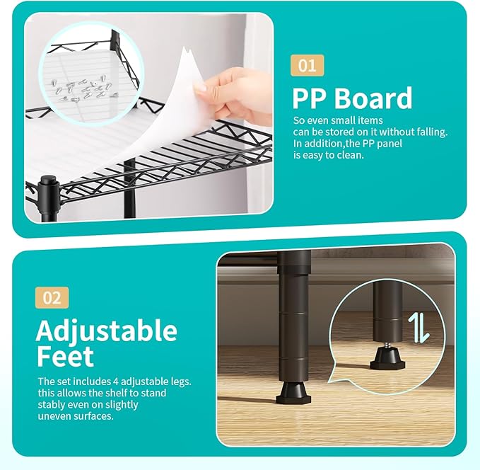 BestOffice | 4-Tier Wire Storage Shelves | 12"D x 18"W x 44"H | Black | with Adjustable Racks PP Liners | Compact Metal Shelf, Holds Upto 600 lbs | Ideal for Kitchens Closets Bathrooms Small Corners
