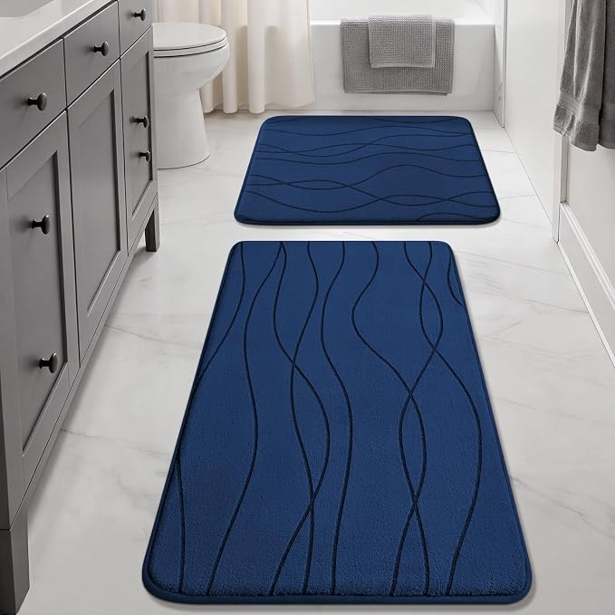 YIHOUSE Memory Foam Bathroom Rug Sets, Dark Blue, 17"x24"+20"x32", 2 Piece | Ultra Soft, Absorbent, Non-Slip, Machine Washable