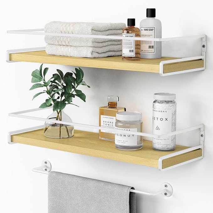 Forbena Natural Wood Bathroom Floating Shelves for Wall Set of 2, Light Wood Wall Shelves with Rail for Bathroom Nursery Office (Natural Wood and White)
