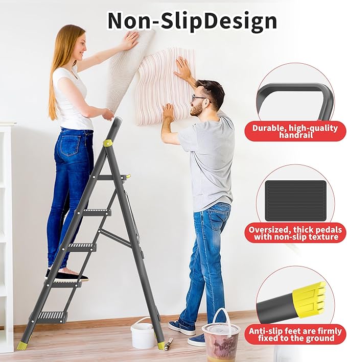 DIAMONDFORGE 5-Step Folding Step Ladder Stool with Handle, Anti-Slip Wide Pedals & Feet, 800lbs Capacity for Home Kitchen Adults, Black Yellow