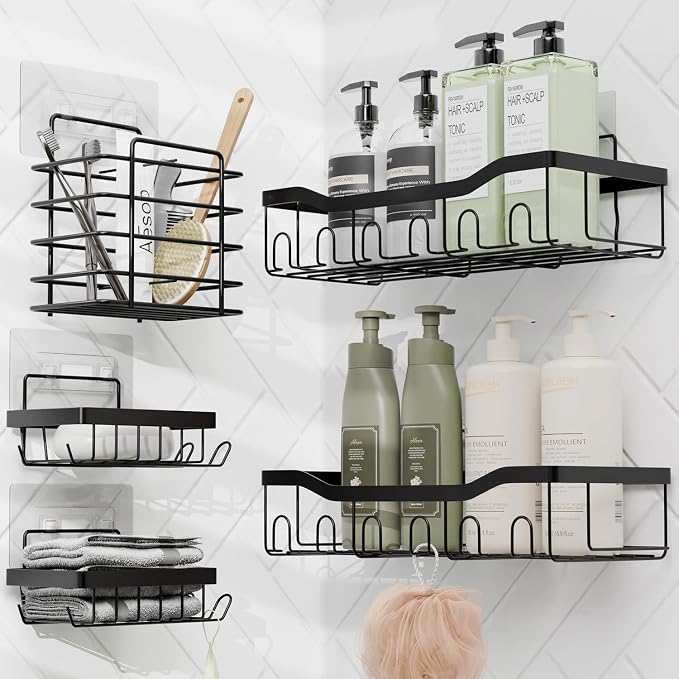 Clara Clark Bathroom Accessories Set - Bathroom Set with Adhesive Corner Shower Caddy Hanging, 25PC Bathroom Accessory Set, White Shower Curtain Set, Toilet Brush, Trash Can & Soap Dispenser