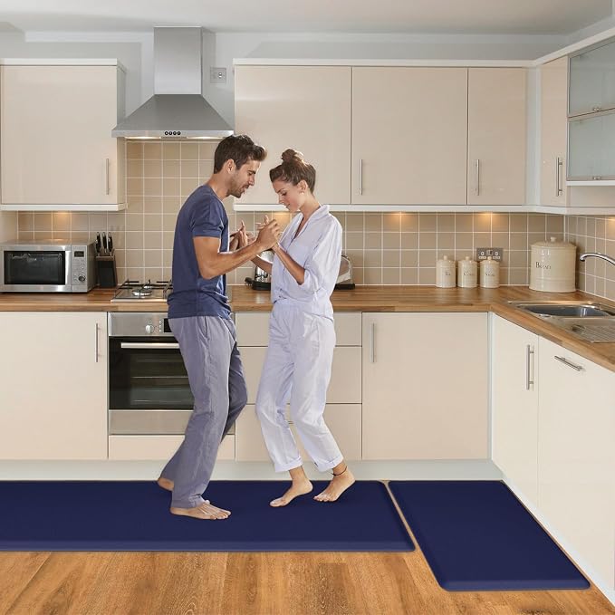 HappyTrends 2 PCS Kitchen Mat Cushioned Anti-Fatigue Floor Mat, Heavy Duty Ergonomic Comfort Foam Standing Mat, Waterproof Non-Slip Kitchen Rugs for Home, Office(20"x30"+20"x60",Navy)
