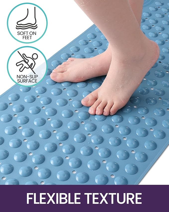 DEXI Bathtub Mat Non Slip 16x35, Shower Floor Mats for Bathroom Bath Tub, Washable Oval Bathmat with Suction Cups and Drain Holes, Blue