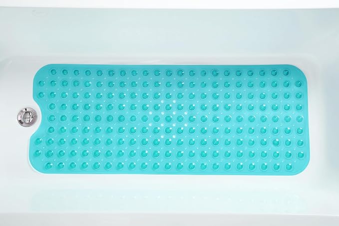 Extra-Long Non-Slip Bathtub & Shower Mat 39”x16” (Smooth/Non-Textured Tubs Only) Safe, Clean, Machine-Washable, Superior Grip&Drainage, Vinyl, Transparent Turquoise (Green-Blue)