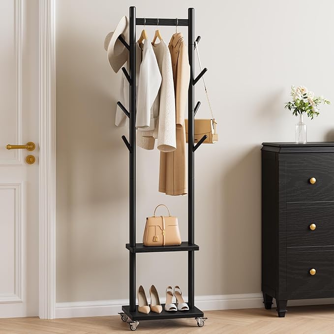 Yoobure Solid Wood Coat Rack Freestanding - Rolling Clothes Rack with 8 Hooks & Shelves, Small Clothing Rack with Wheels, Heavy Duty Clothing Racks for Hanging Clothes, Portable Hall Tree for Entryway