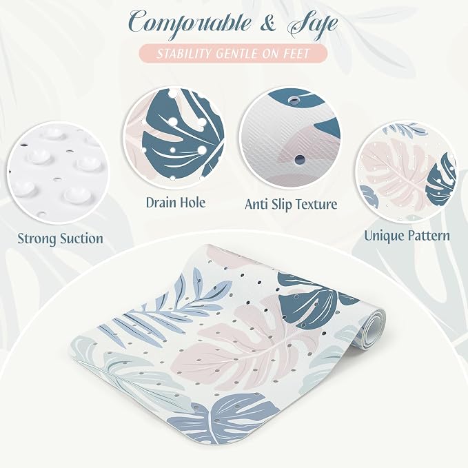 SHUCHING Blue Bath Mat for Tub Non Slip-40 X 16 Inch, Boho Leaf Non Slip Bathtub Mat for Elderly Mold Free, Long Shower Mat for Inside Shower, Machine Washable