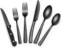 EWFEN 24-Piece Black Silverware Set with Steak Knives, Black Flatware Set for 4, Food-Grade Stainless Steel Tableware Cutlery Set, Mirror Finished Utensil Sets for Home Restaurant, Wave Hammered