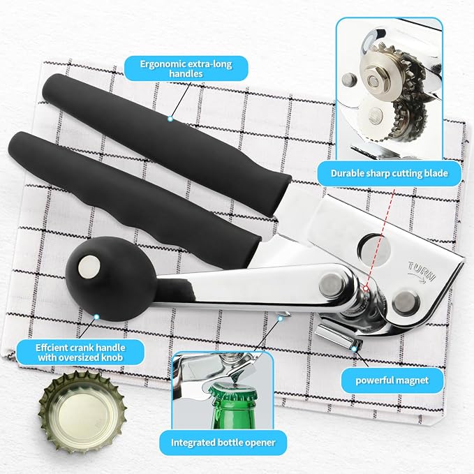Commercial Can Opener,Stainless Steel Heavy Duty Hand Crank Manual Can Openers with Comfortable Extra-long Handles,Ergonomic Design,Black