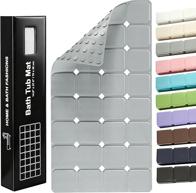 Yanzifly Non-Slip Silicone Bathtub Mat – Foldable, Machine Washable, Durable & Eco-Friendly Bath & Shower Mat with Strong Suction Cups, Large Drain Holes, Ideal for Family Use, 14.9 x 27.5in, Grey