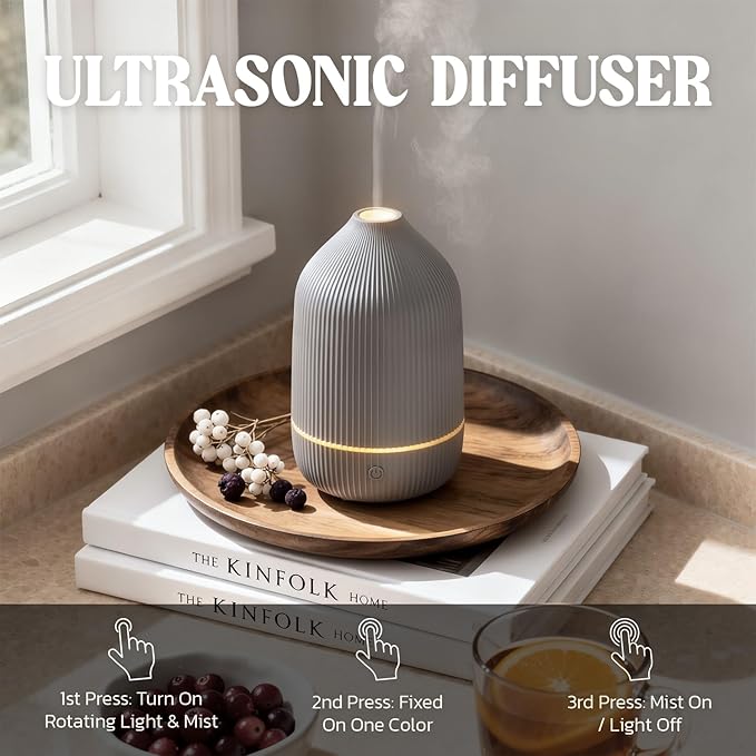 Essential Oil Diffuser, 100ml Aromatherapy Diffuser, Mini Ultrasonic Diffuser for Essential Oil, Home, Office, Cool Mist Humidifier with 7 Led Light, Auto Shut-Off, Grey