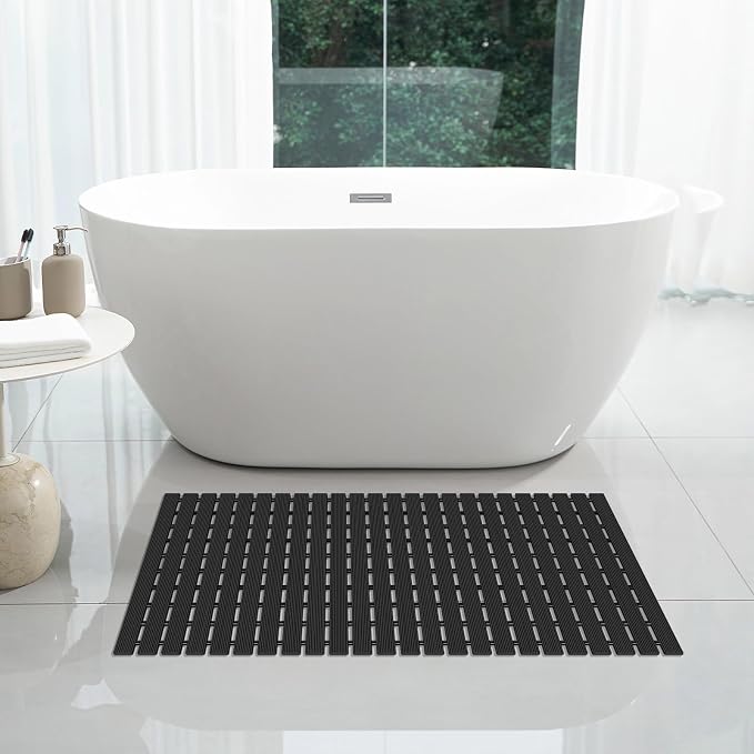 OTHWAY Large Shower Mat, 35.4 x 24 Inch No Suction Cup Shower Mat Non Slip, Quick Drain Non Slip Shower Mats for Inside Shower, Heavy Duty Curlable PVC Stand up Shower Floor Mat, Black