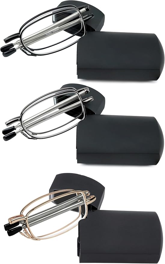 Success Eyewear Reading Glasses 2 Pair Black and Gunmetal Readers Compact Folding Unisex Glasses for Reading Case Included