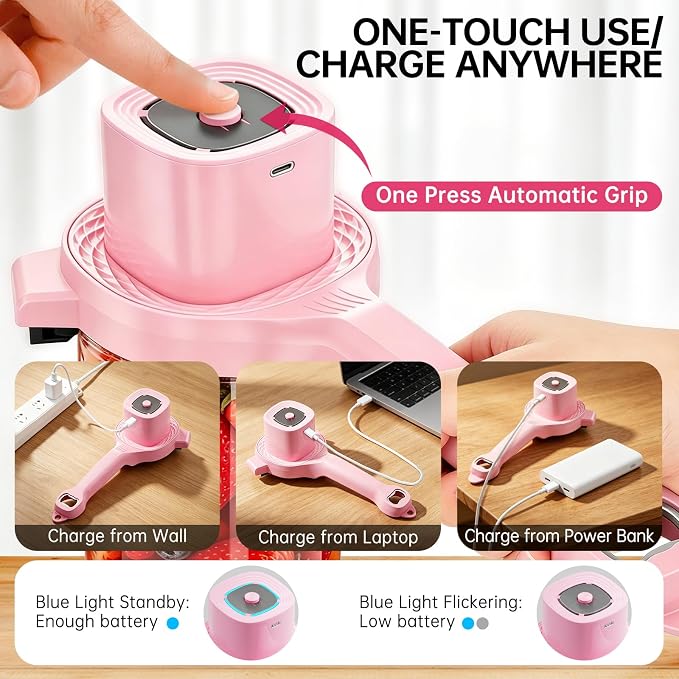 Electric Jar Opener for Seniors with Arthritis, TFCC & Weak Hands, Patented Power-Grip Auto-Tighten Manual Lid Opener, Rechargeable 2-in-1 Jar & Bottle Opener with Storage Hook & Non-Slip Pad(Pink)