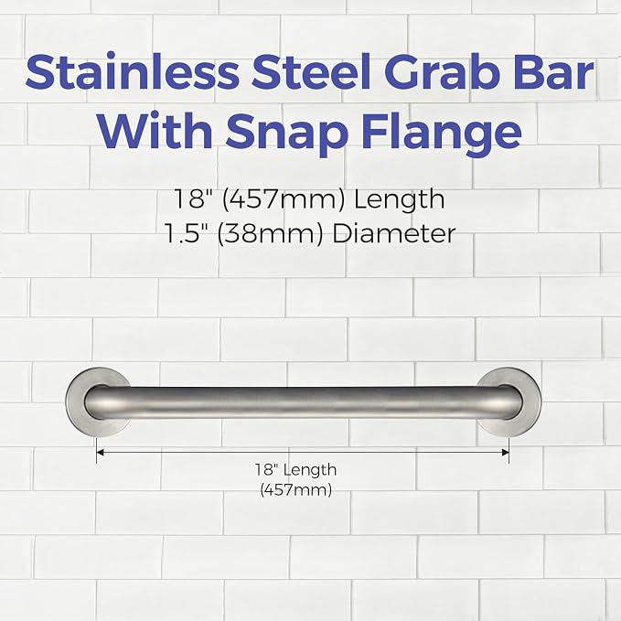 Stardrix 18-Inch ADA Compliant Grab Bar, 1.5" Diameter, Concealed Mounting Flanges, Handicap Friendly, Commercial & Residential Bathrooms, Brushed Stainless Steel