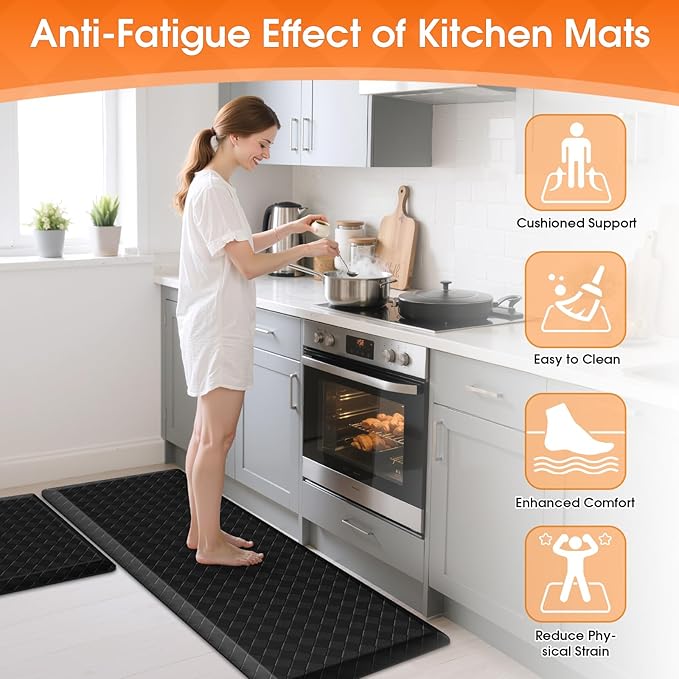 TranquilRelax 4/5 Inch Thick Anti-Fatigue Kitchen Mats 2Pcs, Cushioned Non-Slip Waterproof Sink & Stove Floor Mats, Comfortable Standing Rug Set for Kitchen, Laundry & Entryway, Black