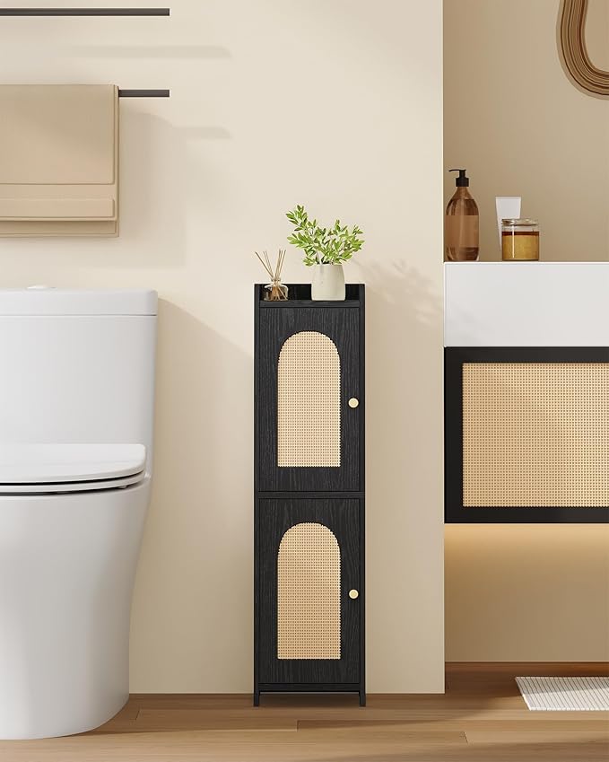 Hzuaneri Bathroom Storage Cabinet, Small Corner Floor Cabinet with 2 Doors and Adjustable Shelf, Narrow Toilet Paper Cabinets, Bathroom Organizer for Small Spaces, 7.9"D x 7.9"W x 29.5"H Rattan Black