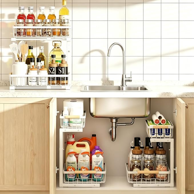 REALINN Under Sink Organizer, 2 Pack Height Adjustable Under Sink Organizers and Storage, 2 Tier Pull Out Drawer Cabinet Storage for Kitchen Bathroom, White