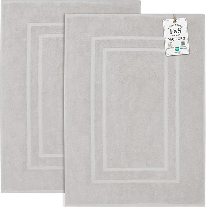 Feather & Stitch 2 Piece Towel Like Bath Mats (30x21 Inch) 100% Cotton Terry Bath Mats, Bathroom Shower Floor Mats [NOT A Bathroom Rug], Soft Absorbent Washable Mats - Sliver
