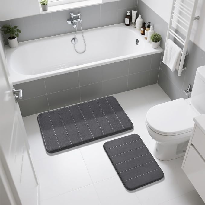 Yimobra Memory Foam Bathroom Rugs Sets 2 Piece - Super Soft Absorbent Quick Dry Bath Mat Set, Machine Washable Non Slip Floor Carpet for Tub Shower & Single Sink (17x24 & 31.5x20 Inch, Dark Gray)