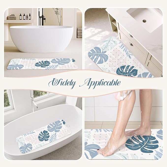 SHUCHING Blue Bath Mat for Tub Non Slip-40 X 16 Inch, Boho Leaf Non Slip Bathtub Mat for Elderly Mold Free, Long Shower Mat for Inside Shower, Machine Washable
