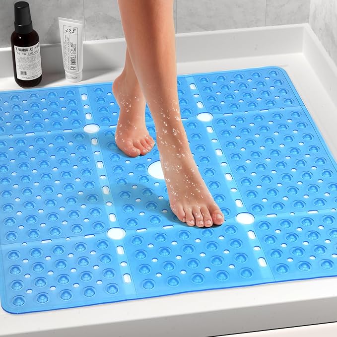 Large Square Shower Mat 27 x 27 Inch Clear Blue, Non Slip Shower Bathtub Mats for Inside Shower with Big Suction Cups Drain Holes, Anti Slip Bathroom Floor Stall Mats, Easy Clean, BPA-Free