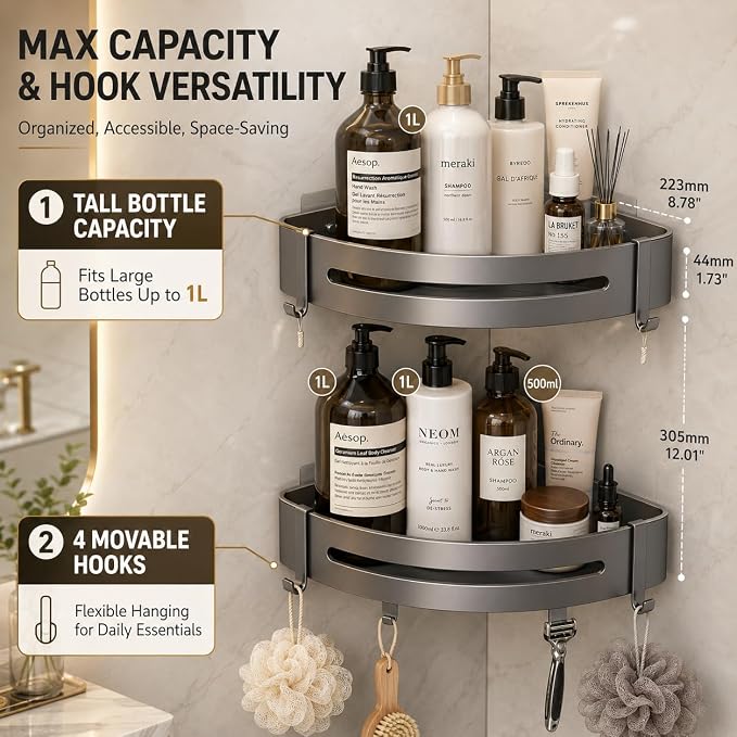 Corner Shower Caddy - 2 Pack Rustproof Stainless Steel Bathroom Organizer Shelves for Inside Shower, No Drill Adhesive Wall Mount Heavy Duty Storage Rack with 4 Hooks, Gunmetal