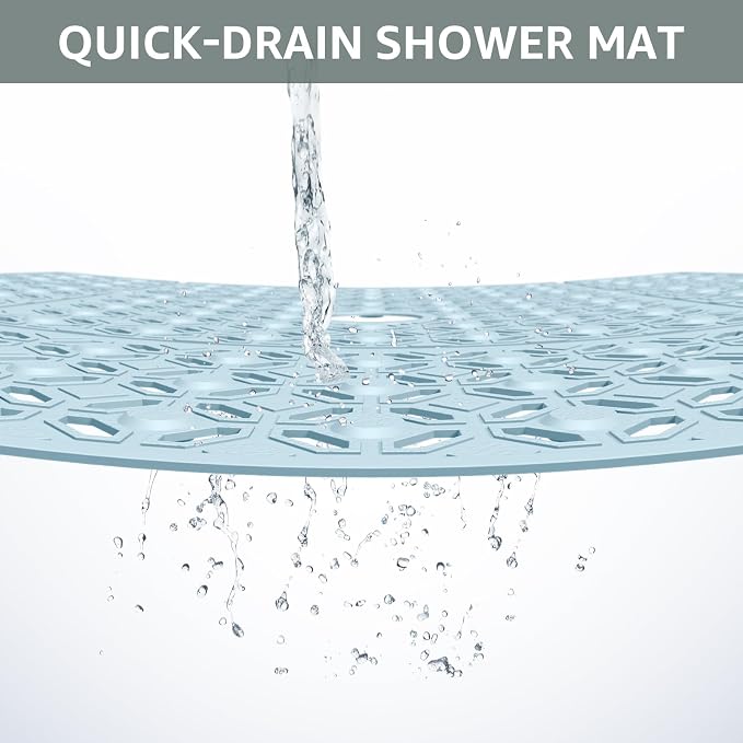 OTHWAY Square Shower Mat, 27"x 27" Extra Large Shower Mats for Inside Shower, TPE Anti Slip Shower mat with Suction Cups Drain Holes, Machine Washable Shower Floor Mat (Light Blue)