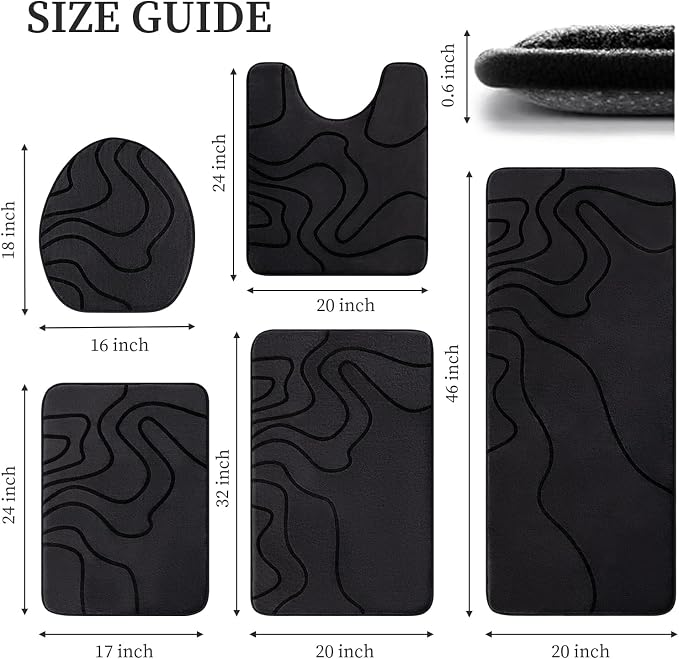 YIHOUSE Memory Foam Bathroom Rugs Sets 5 Piece - Extra Thick Ultra Soft Absorbent Bath Mat Set, Non-Slip Machine Washable Bath Rugs for Bathroom, Tub & Shower, Home Decor Accessories, Black