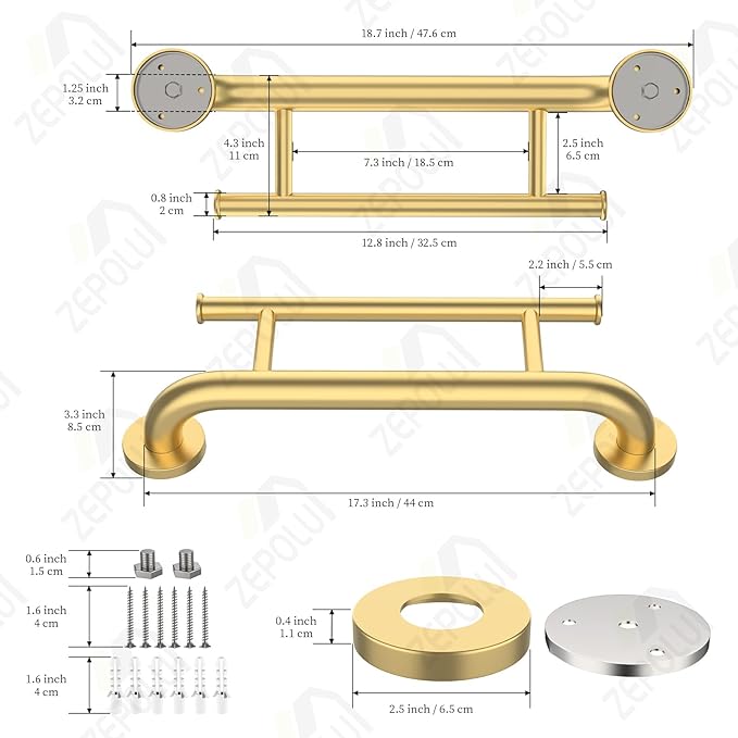 Brushed Gold Grab bar 17 inch - 1.25” Diameter, Zepolu 2-in-1 Bath Towel Bars for Bathroom, Stainless Steel Safety Assist Bar Balanced Support Handle, Wall Mounted Towel Grab Bars for Senior Handicap