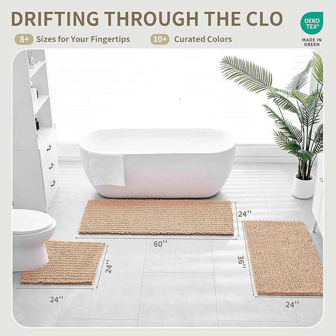 Bathroom Rugs Non Slip Washable, Extra Thick Soft Chenille Absorbent Bath Mat, High Density Barrier Non Slip Backing, Quick Dry Plush Shaggy Floor Carpet for Tub&Shower 24x17, Beige