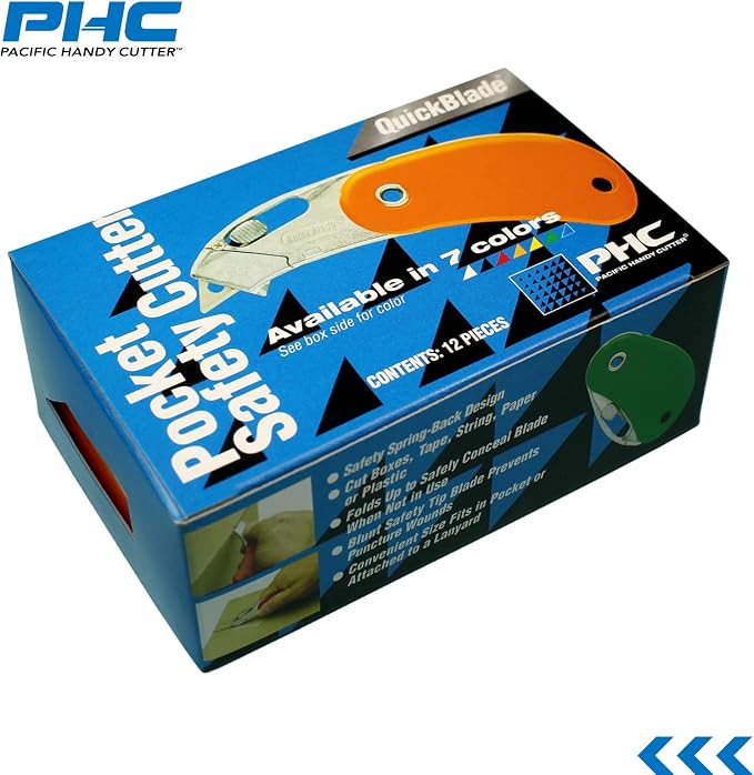 Pacific Handy Cutter PSC2 Pocket Safety Cutter Box of 12 Red Compact Design with Integrated Bladeless Tape Splitter Self-Retracting Safety Point Blade for Boxes Tape String Paper or Plastic PSC2-300