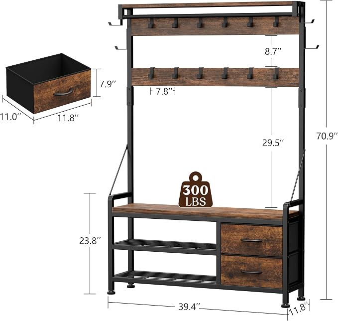 Lulive Hall Tree with Bench and Shoe Storage, 39.4” Entryway Bench with Coat Rack freestanding, 5 in 1 Entryway Furniture Organizer Large Coat and Shoe Rack with 21 Hooks and Drawers, Rustic Brown