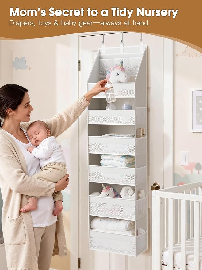 Criusia 2 Pack Over the Door Organizer, Heavy-Duty 6-Shelf Hanging Storage with 13 Mesh Pockets, 55lbs Capacity Behind the Door Storage for Nursery, Bathroom, Bedroom, and Dorm, White