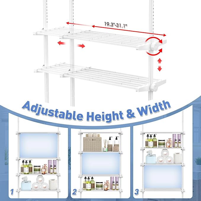 SUNALLY Over The Toilet Storage Shelf, 4-Tier Adjustable Over Toilet Bathroom Organizer,Tension-Mounted Bathroom Storage Rack for Ceilings, No Drill Space-Saving Shelving for Small Rooms,White