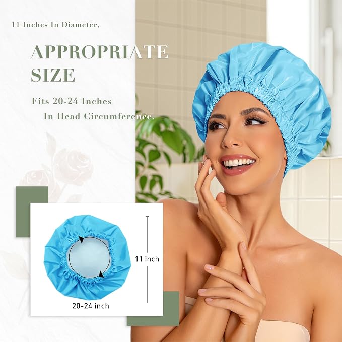 Reusable Shower Cap for Women, Large Waterproof Shower Bonnet with Elastic Band, Washable Bath Hair Cap for Long, Curly Hair, Braids, Daily Shower, Home Spa, Travel(Lake Blue)