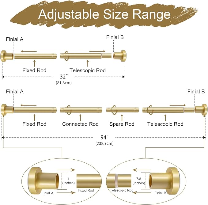YNL Gold Shower Curtain Rod 32-94 Inch(2.7-7.8ft), Non-Slip, Never Rust, Stainless Steel No Drill Spring Tension Shower Rod, Adjustable Long Curtain Rod for Bathroom Window Patio