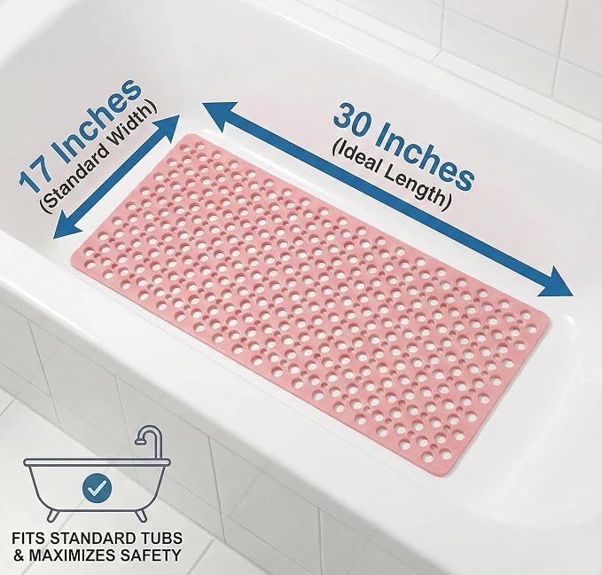 Nonslip Bathtub Mat Extra Soft TPE Bath Mat for Kids, Machine Washable Bathroom Shower Mat, Smooth/Non-Textured Tubs Only, 30L x 17W Inch (Pink)