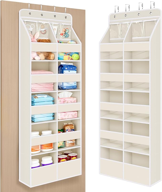 Univivi 6-Shelf Baby Door Storage Over Door Fabric Hanging Organizer with 10 Deep Pockets and 4 Small PVC Pockets Wall Mount Hanging Storage Organizers for Baby Essential (Beige)