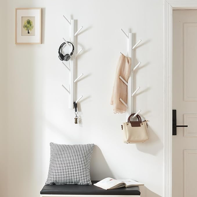 TIOPGHAD 2 Pack Coat Rack Vertical Wall Mount, Bamboo Coats Hooks Clothes Holder Hanger for Wall Coat Hat Jacket Clothing Bathroom Robes Mudroom Entryway(White)