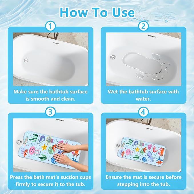 Bath Mats for Tub Kids Baby, Large Cartoon Sea Baby Bathtub Mat Non Slip, Machine Washable, 40"x16" Long Tub Mats with Suction Cups & Drain Holes, Non Slip Baby Shower Mat for Toddler(Sea Animal)