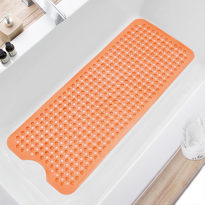 TEESHLY Bath Tub Shower Mat, Non Slip Bathtub Floor Liner Mats with Suction Cups and Drain Holes, Machine Washable Bathmat for Bathroom Floor Safety, 40 x 16 Inch, Clear Orange