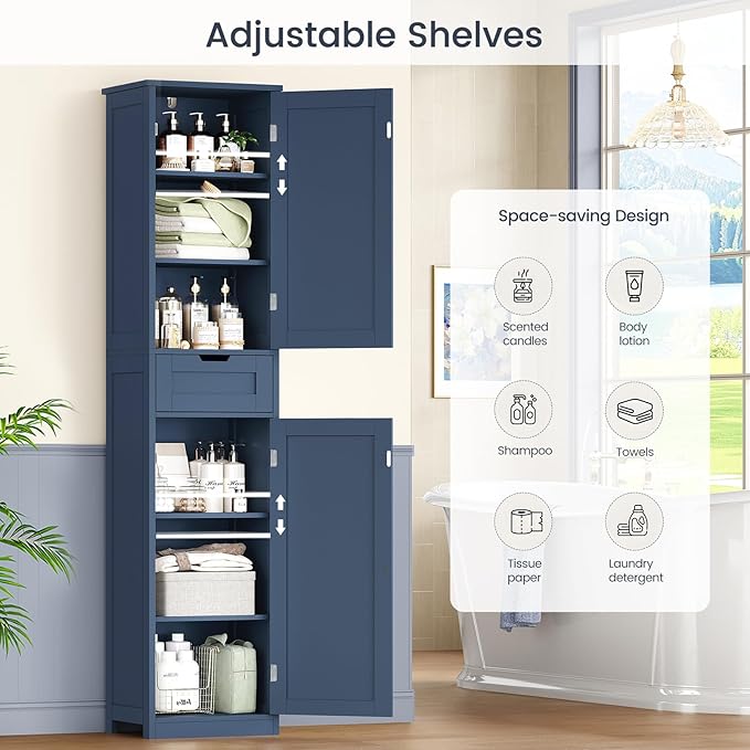Iwell 67" Tall Bathroom Cabinet, Storage Cabinet with 2 Doors & 1 Drawer, Bathroom Storage Cabinets with Adjustable Shelves, for Living Room, Laundry Room, Home Office, Blue