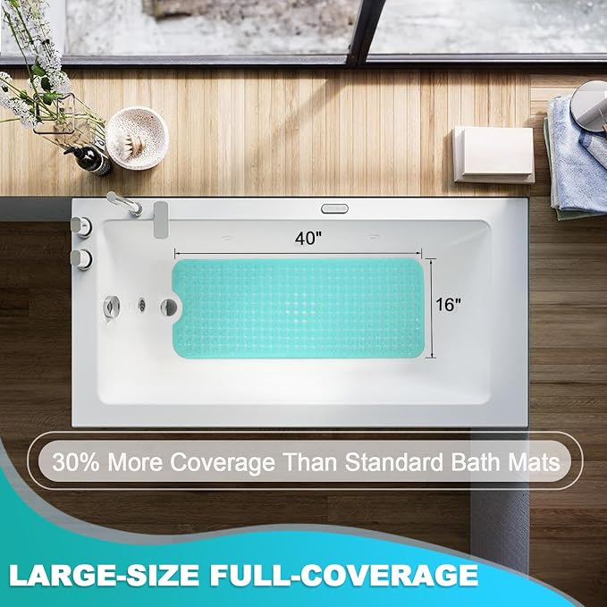 Bathtub and Shower Mats, 40x16 Inch Extra Large Non Slip Soft Bath Tub Mat with Suction Cups and Drain Holes for Bathroom Floor and Keep Tubs Clean, Machine Washable, Clear Turquoise